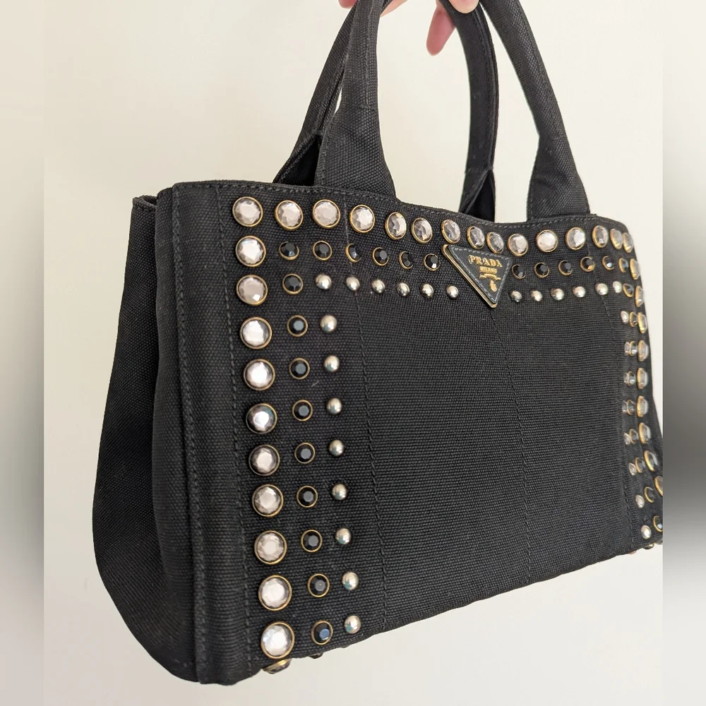 Black Prada Canapa Studded & Rhinestone Bag - Picture 6 of 17
